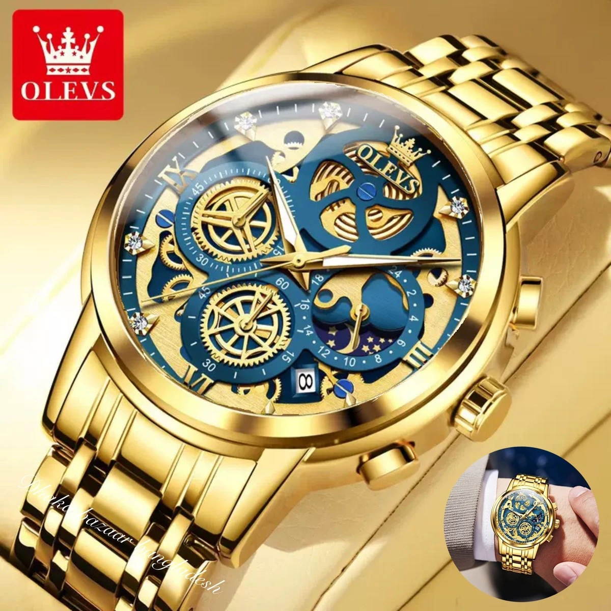 3352 OliveZ MAZ নতুন ডিজাইনের পুরুষদের জন্য ঘড়ি GOLDEN BLUE