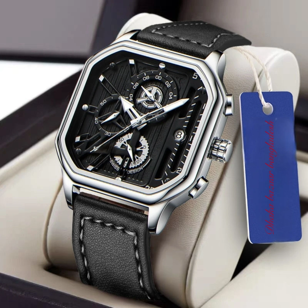 TRSOYEES আর্টিফিশিয়াল লেদার নতুন ডিজাইনের পুরুষদের জন্য ঘড়ি BLACK SILVER