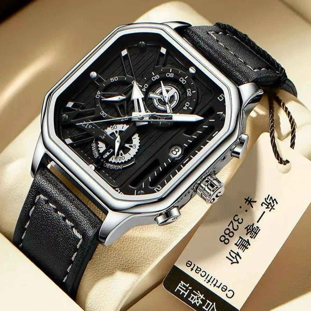 TRSOYEES আর্টিফিশিয়াল লেদার নতুন ডিজাইনের পুরুষদের জন্য ঘড়ি BLACK SILVER