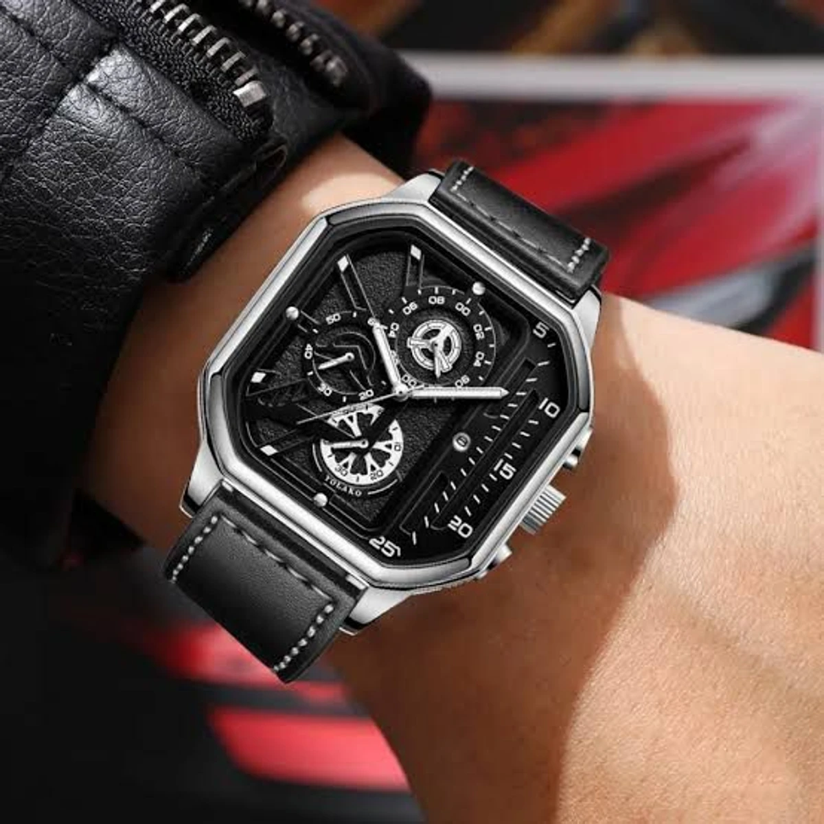 TRSOYEES আর্টিফিশিয়াল লেদার নতুন ডিজাইনের পুরুষদের জন্য ঘড়ি BLACK SILVER