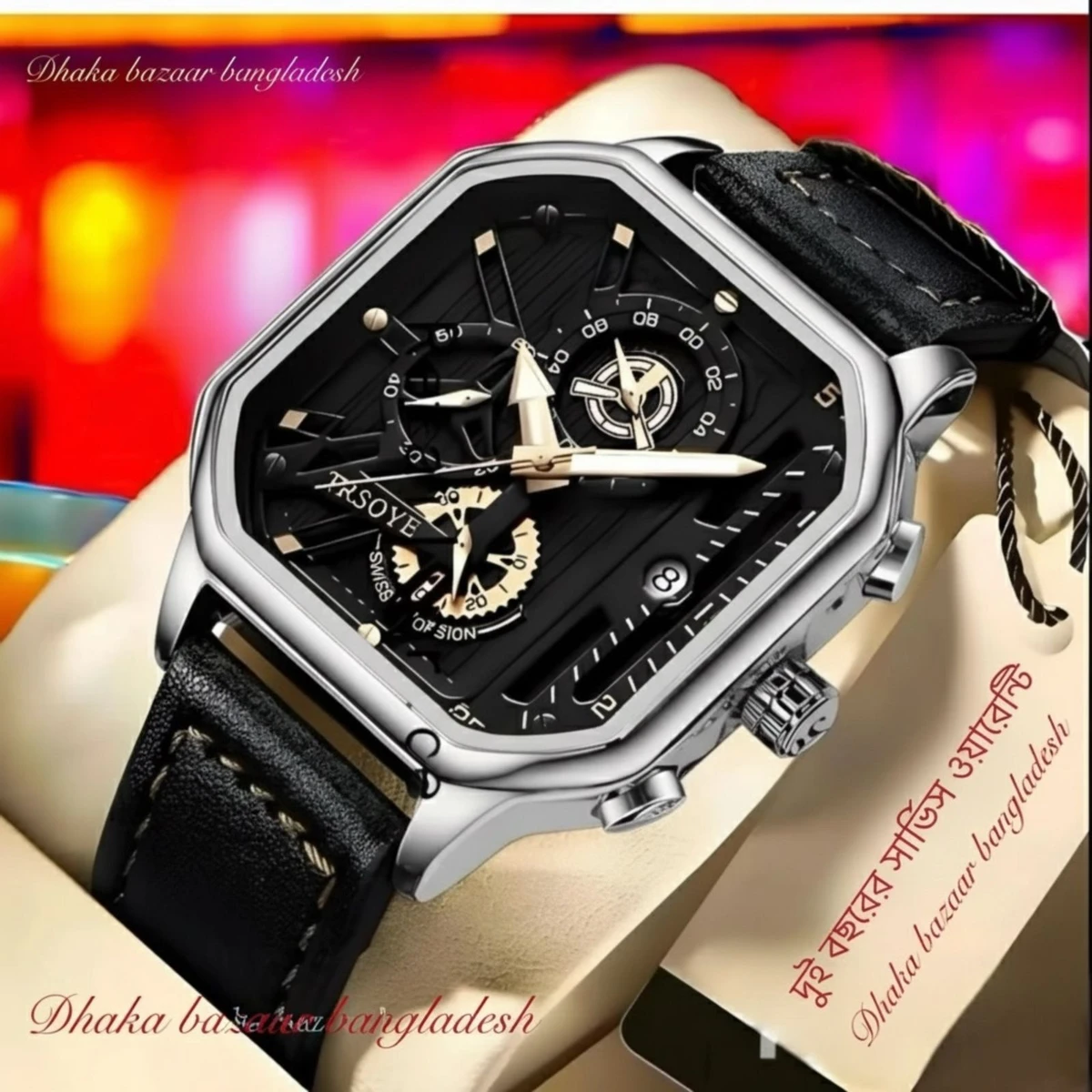 TRSOYEES আর্টিফিশিয়াল লেদার নতুন ডিজাইনের পুরুষদের জন্য ঘড়ি BLACK SILVER