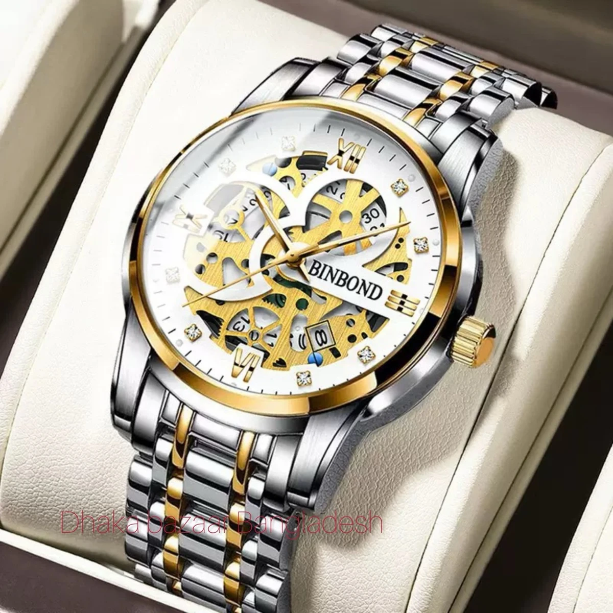BINBOND BB12 পুরুষের জন্য নন মেকানিক্যাল ওয়াটার প্রুফ ঘড়ি SILVER GOLDEN WHITE