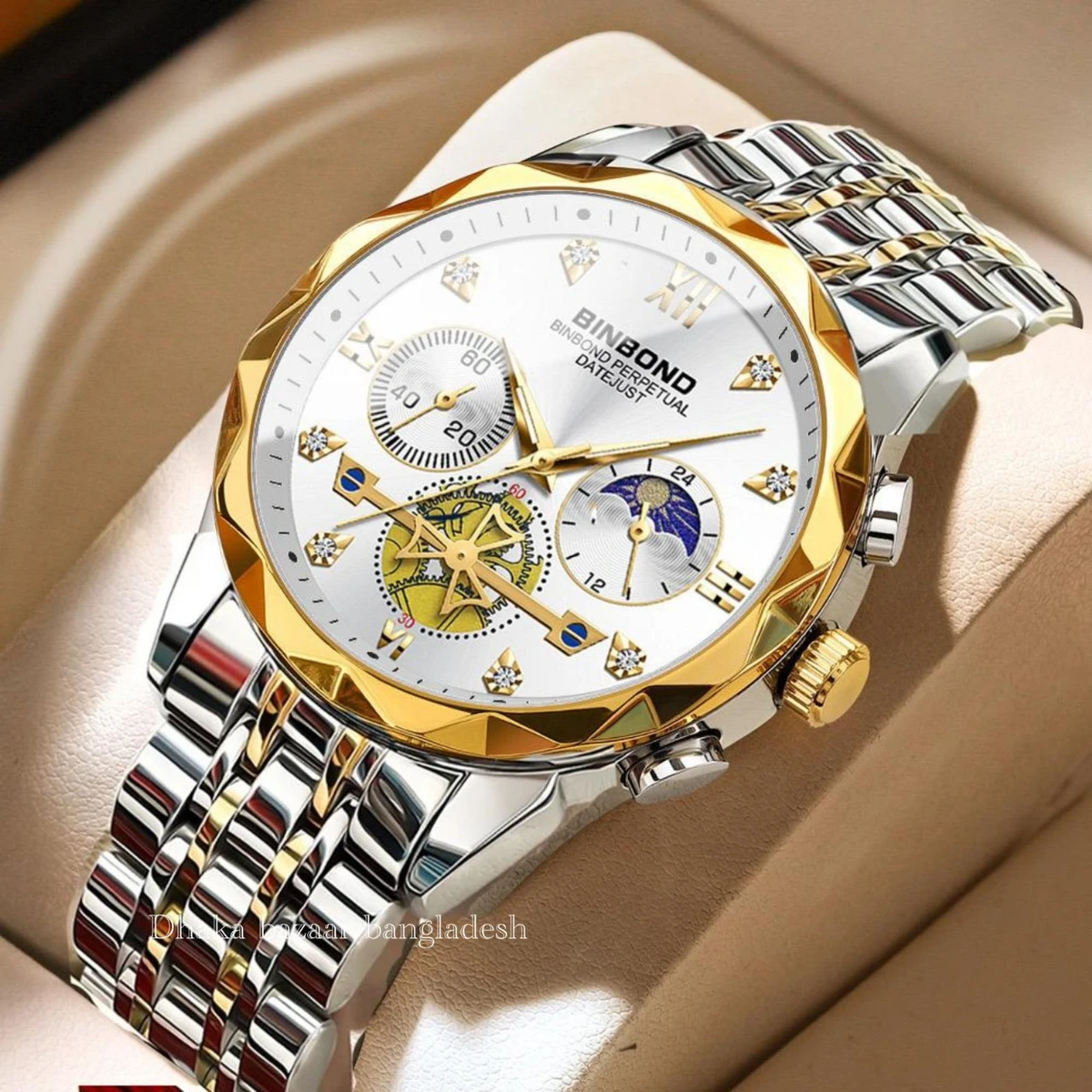 BIN 8855 নন মেকানিক্যাল ওয়াটার প্রুফ ঘড়ি SILVER GOLDEN WHITE