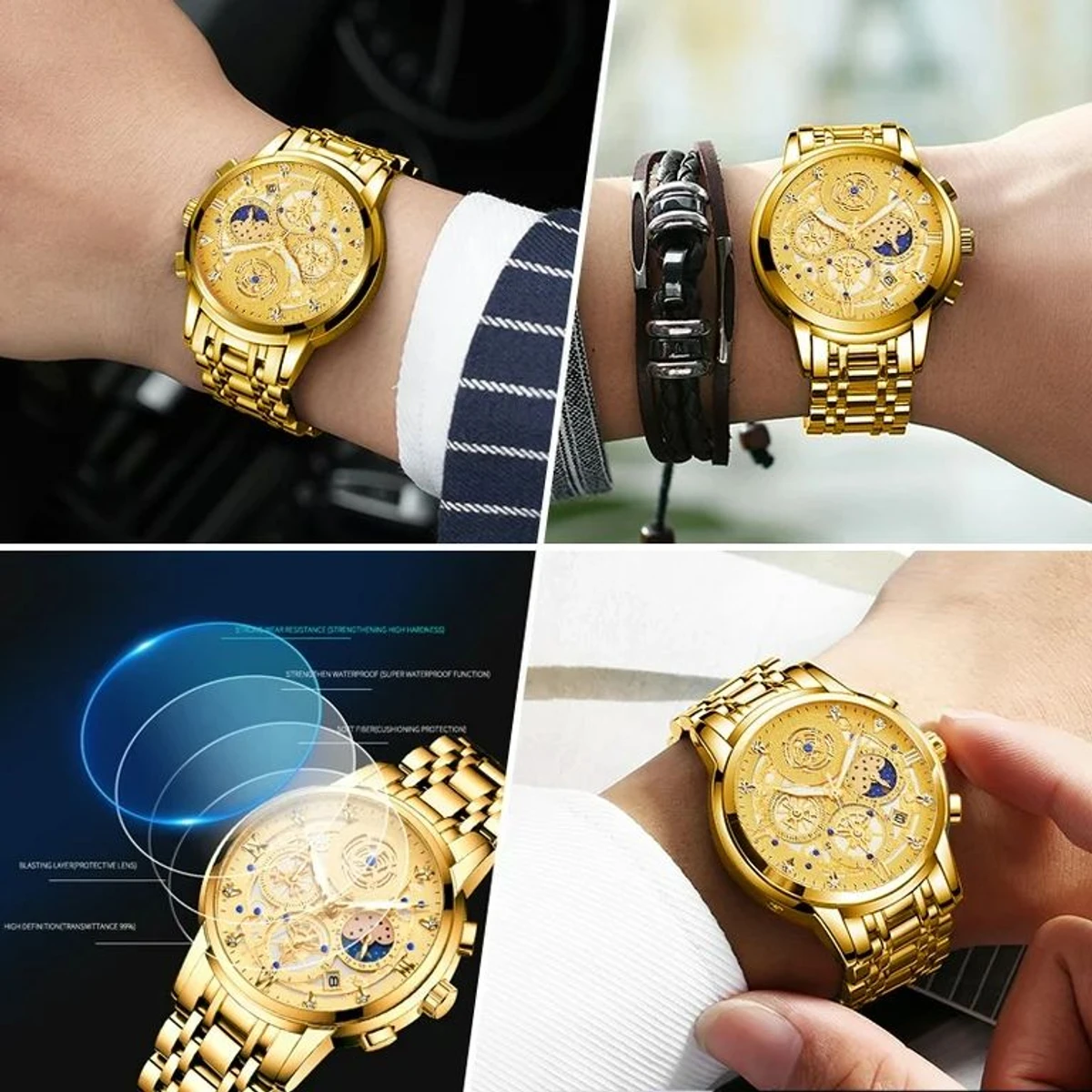 4010 BIN পুরুষের জন্য নন মেকানিক্যাল ওয়াটার প্রুফ ঘড়ি FULL GOLDEN