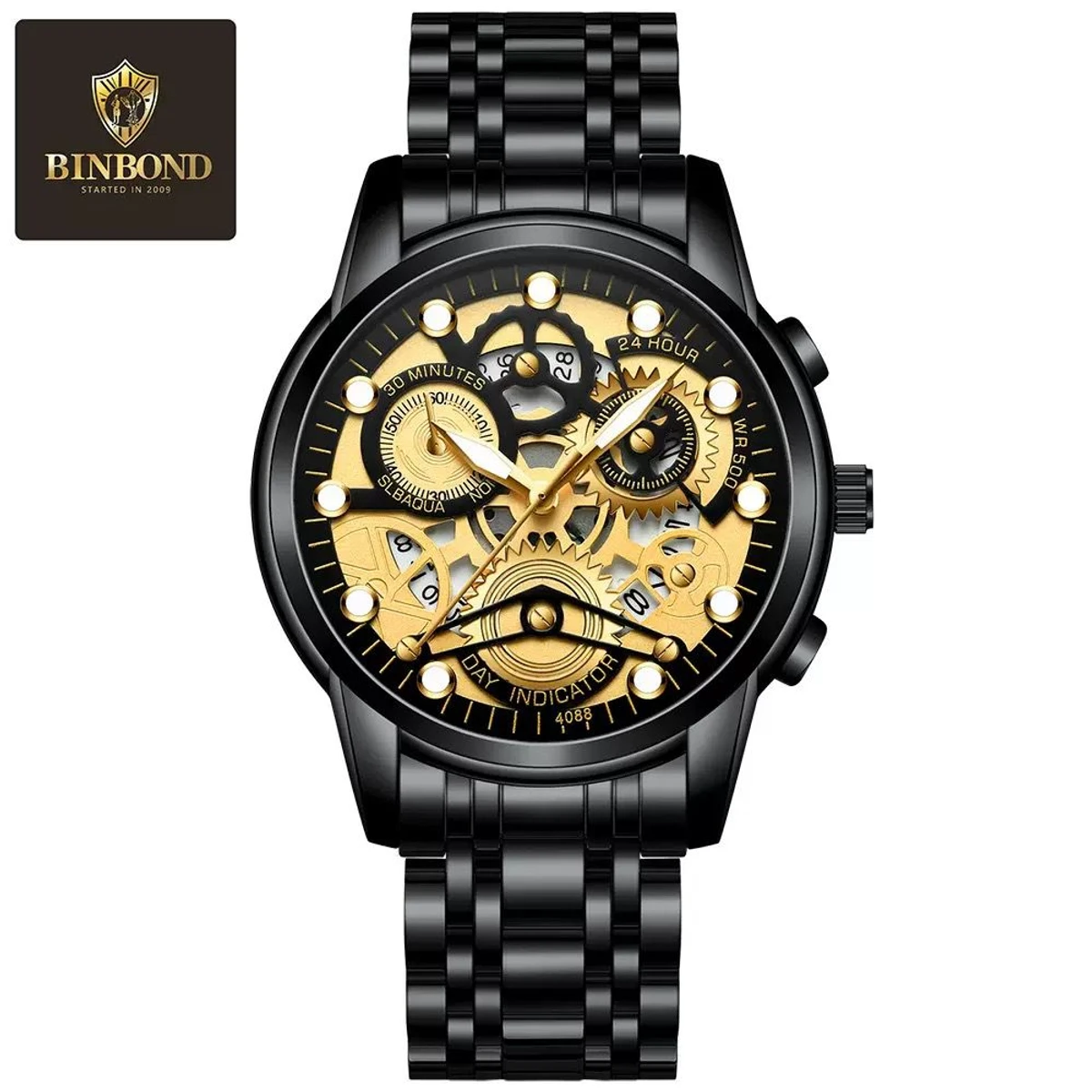 BIN 4088 পুরুষের জন্য নন মেকানিক্যাল ওয়াটার প্রুফ ঘড়ি BLACK GOLDEN DAIL