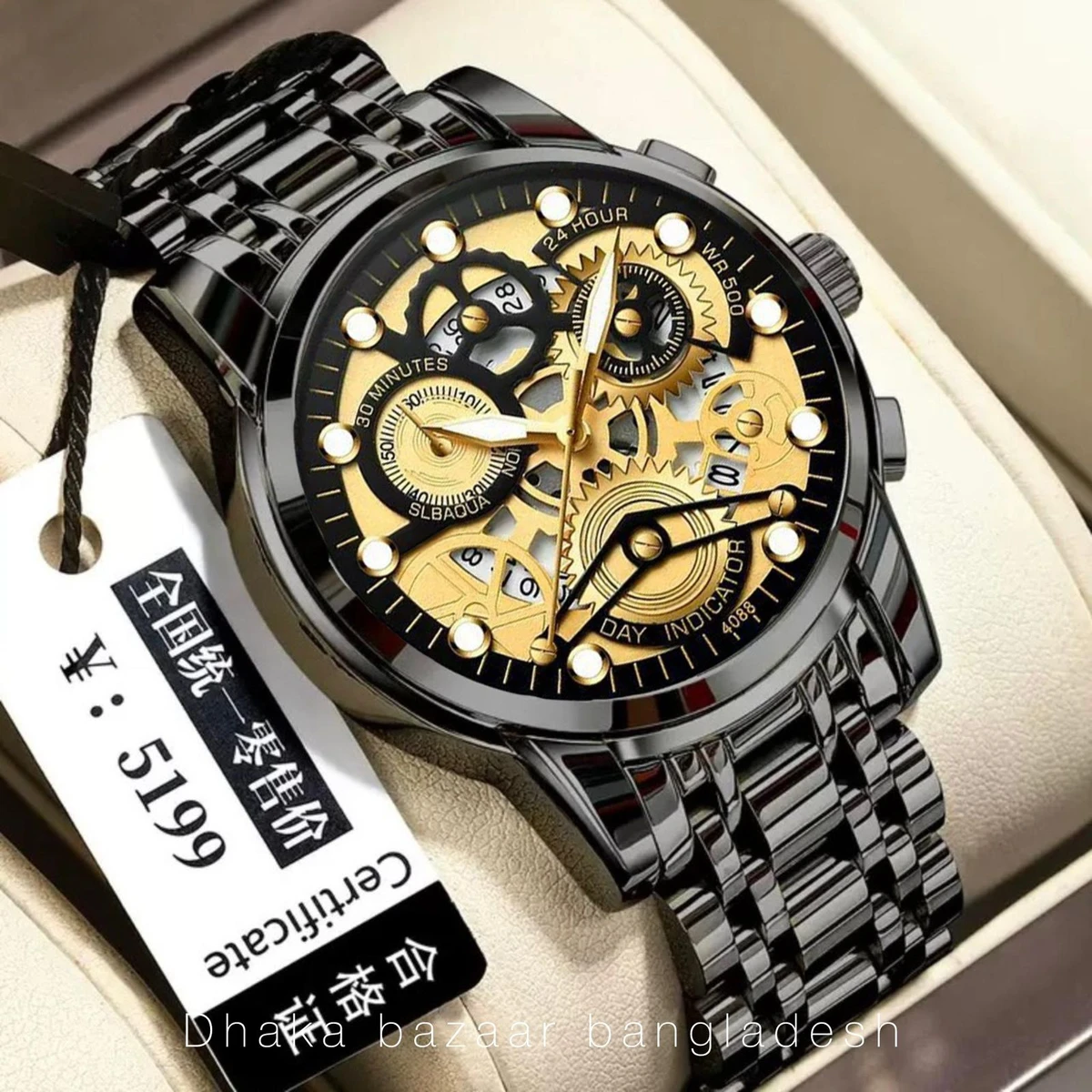 BIN 4088 পুরুষের জন্য নন মেকানিক্যাল ওয়াটার প্রুফ ঘড়ি BLACK GOLDEN DAIL